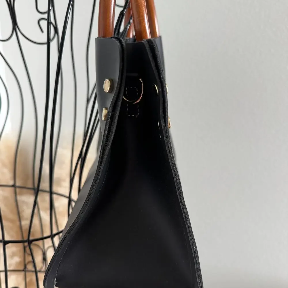 Laura Ashley Black Ivy Zip Tote Bag with Wooden Handles